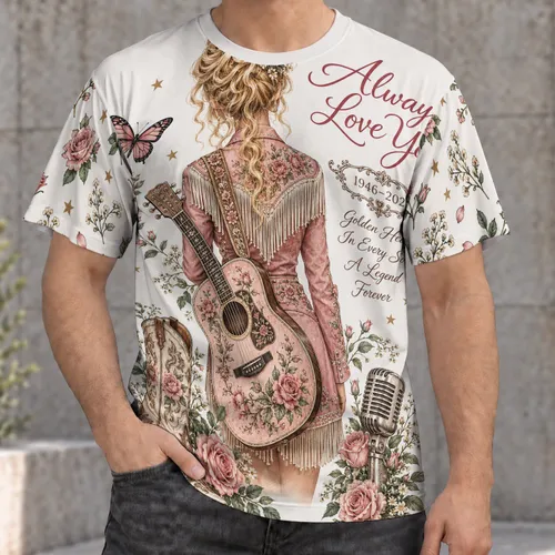 Blonde Country Singer Memorial With Rose Guitar For Festival Tribute Keepsakes All-over Print Unisex T-shirt