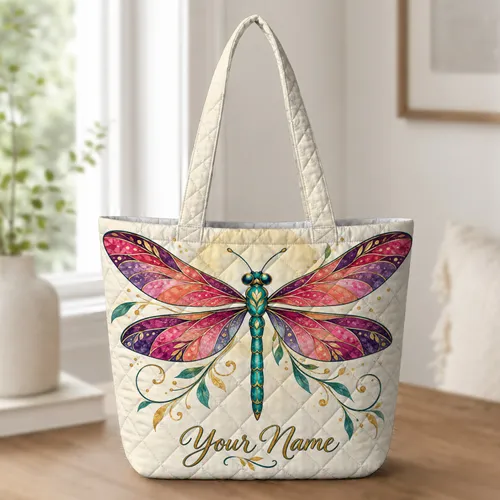 Jewel-Toned Dragonfly Keepsake for Nature Lovers, Garden Days and Thoughtful Giving Quilted Tote Bag