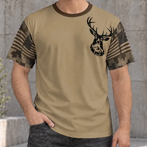 Deer Antlers and Mountain Wilderness Emblem for Hunting and Outdoor Adventure All-over Print Unisex T-shirt