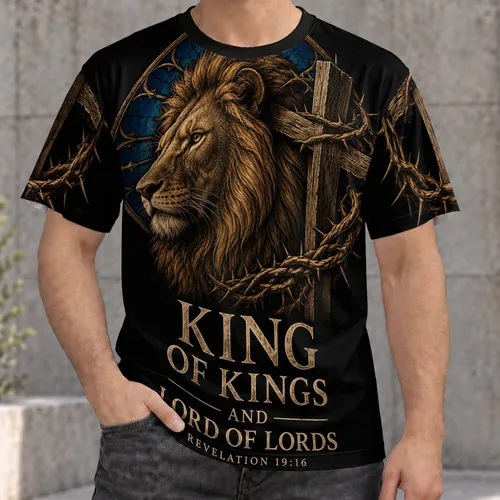 Bronze Lion Cross and Thorn Crown for Church Worship and Faithful Men All-over Print Unisex T-shirt