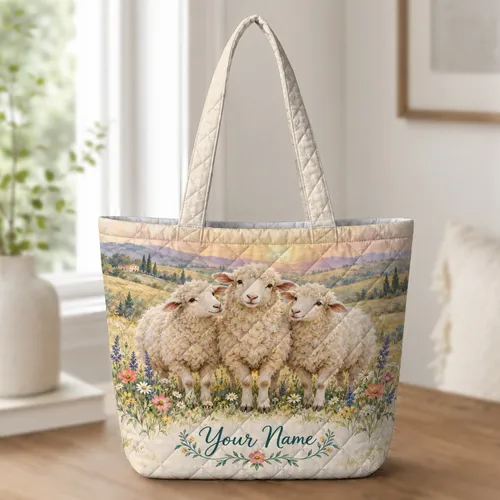 Three Sheep in a Wildflower Meadow for Springtime Farmhouse Style and Sheep Lovers Quilted Tote Bag