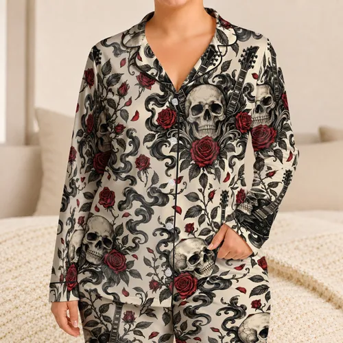 Skull Rose Electric Guitar Tattoo Art for Rock Music Lovers and Alternative Style Satin Pajamas Set