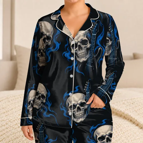 Blues Guitar Skull Motifs for Rock Music Fans and Easy Weekend Lounging at Home Satin Pajamas Set