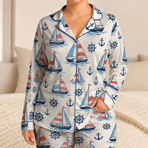 Sailboats and Nautical Wheels for Coastal Getaways and Relaxed Summer Evenings Satin Pajamas Set