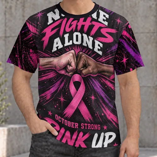 Pink Ribbon Fist Bump for Breast Cancer Awareness and October Strength Support All-over Print Unisex T-shirt