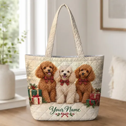 Three Festive Christmas Poodles for Cozy Holiday Cheer and Poodle Lover Gift Giving Quilted Tote Bag