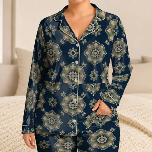 Vintage Teal Medallion Florals for Relaxed Summer Vacation Style Satin Pajamas Set