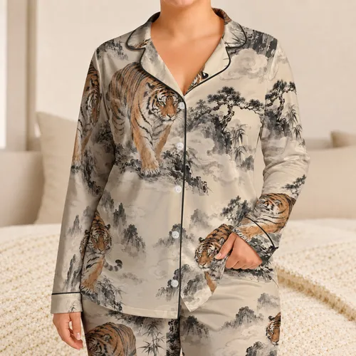 Chinese Ink Wash Tigers for Relaxed Nights and Weekend Lounging Satin Pajamas Set