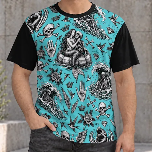 Skull, Skeleton And Rose Motifs For Dark Coastal Summer Adventures At The Beach All-over Print Unisex T-shirt