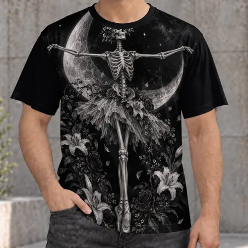Open-Armed Skeleton Ballerina Beneath Crescent Moon for Gothic Halloween Nights All-over Print Unisex T-shirt