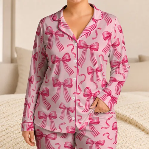 Hot Pink Ribbon Bows for Cozy Valentine's Evenings and Sweet Gift Giving at Home Satin Pajamas Set