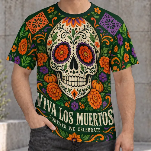 Sugar Skull and Marigold Flourishes for Day of the Dead and Halloween Celebrations All-over Print Unisex T-shirt