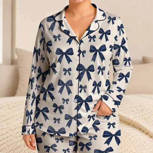 Navy Bow Motif for Cozy Holiday Lounging and Elegant Gift Giving Satin Pajamas Set