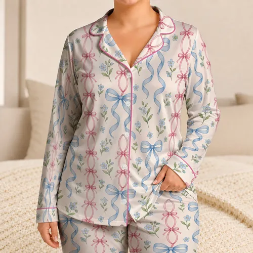 Pastel Bow And Ribbon Motifs For Romantic Valentine's Day Gifting And Spring Lounging Satin Pajamas Set