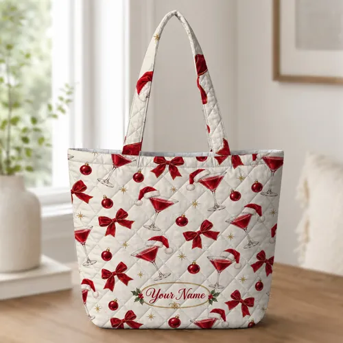 Santa Hat Martini Glasses and Red Bows for Christmas Celebrations and Holiday Hosting Quilted Tote Bag