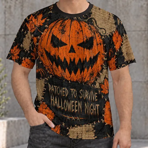 Patchwork Pumpkin Halloween Nightfall for Spooky Autumn Festival Celebrations All-over Print Unisex T-shirt