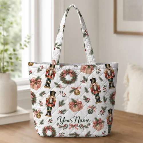 Nutcracker Bells And Pink Bows For Cozy Christmas Gift Giving And Holiday Style For Her Quilted Tote Bag