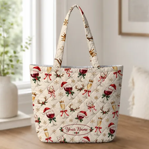 Holiday Wine Glasses With Santa Hats and Reindeer Antlers for Christmas Wine Lovers Quilted Tote Bag
