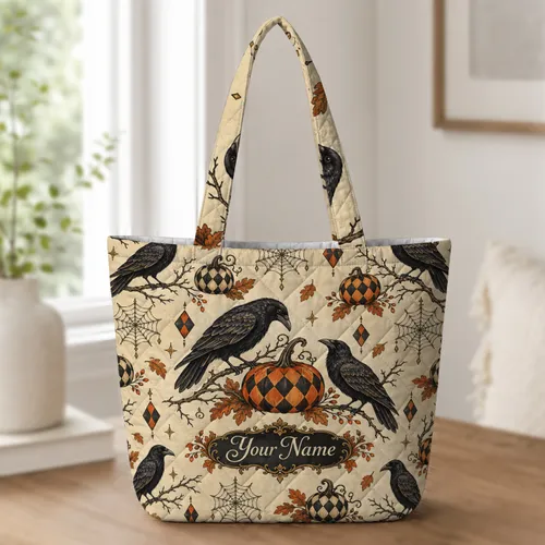 Halloween Raven and Pumpkin Gothic Autumn Style for Spooky Season Gift Lovers Quilted Tote Bag