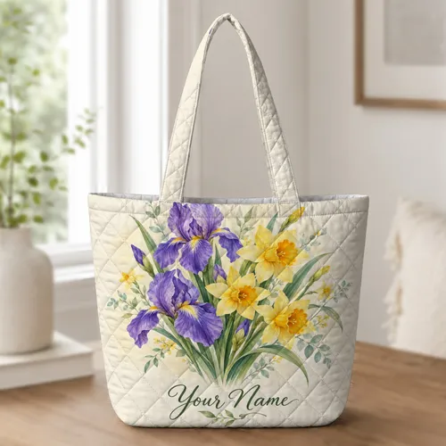 Purple Iris And Golden Daffodils For Spring Garden Days And Mother's Day Gifts For Her Quilted Tote Bag