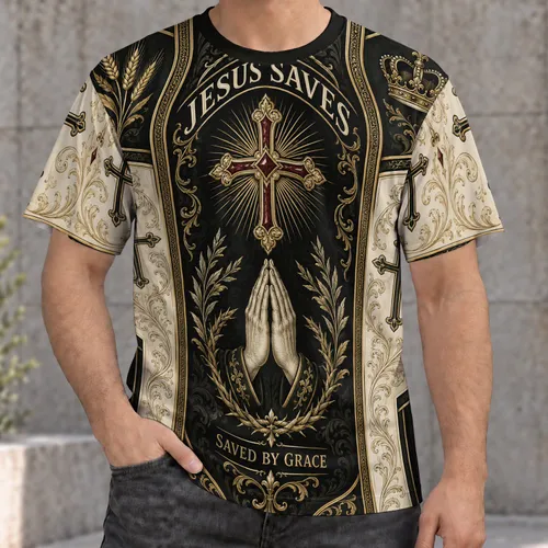 Praying Hands Cross and Crown for Church Worship and Daily Christian Men's Wear All-over Print Unisex T-shirt