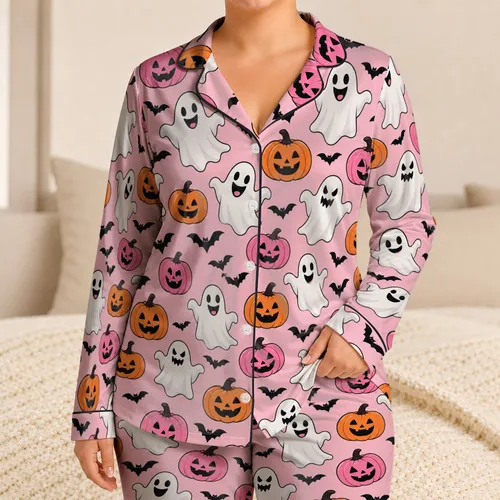 Pink Ghosts and Jack-o'-Lanterns for a Playful Halloween Night with Your Favorite Person Satin Pajamas Set