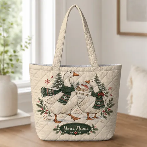 Christmas Geese and Winter Village Holiday Scene for Cozy Seasonal Gifting Quilted Tote Bag