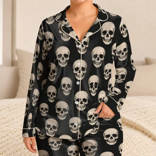 Ivory Skull Motifs for Moody Halloween Evenings and Cozy At-Home Lounging for Adults Satin Pajamas Set