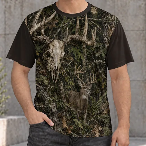 Detailed Deer Skull And Whitetail Forest Camo For Hunting Season And Outdoor Men All-over Print Unisex T-shirt