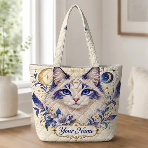 Sapphire-Eyed Mystical Cat for Celestial Style and Cat Lover Gifts Quilted Tote Bag