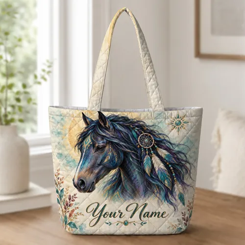Boho Dreamcatcher Horse Scene for Western Style and Equine Lovers Everywhere Quilted Tote Bag