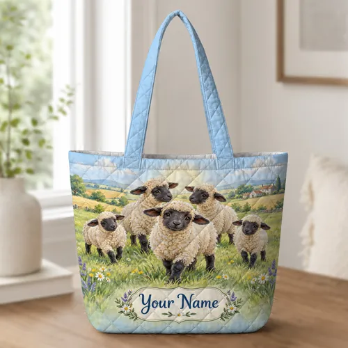 Fluffy Sheep Meadow Serenity for Countryside Days and Farmhouse Gifts for Women Quilted Tote Bag