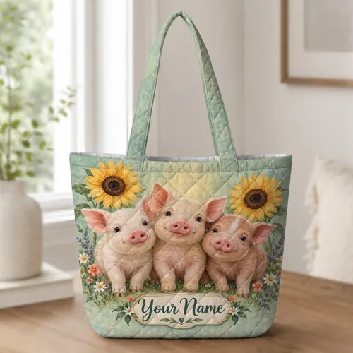 Three Piglets With Sunflowers For Country Living And Farmhouse Gift Giving For Women Quilted Tote Bag