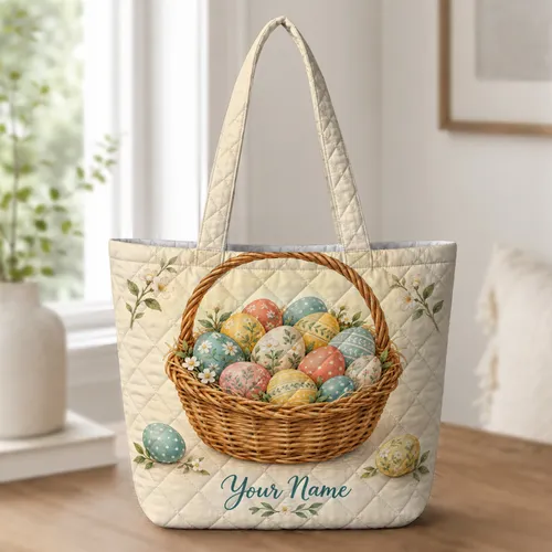 Vintage Easter Egg Basket Scene for Springtime Hunts, Brunches and Family Celebrations Quilted Tote Bag