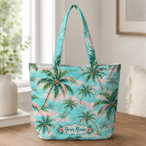 Turquoise Palm Tree Beach Escape for Sunny Summer Travel and Relaxed Coastal Getaways Quilted Tote Bag