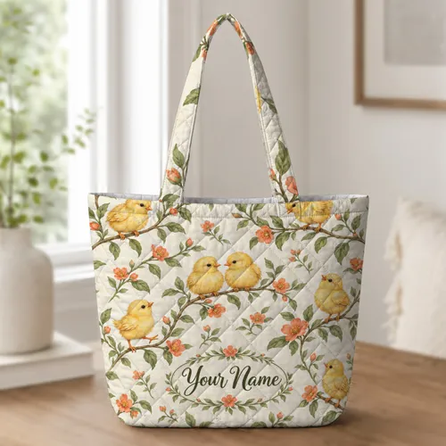 Spring Chicks Among Floral Branches for Easter Celebrations and Seasonal Gifting Quilted Tote Bag