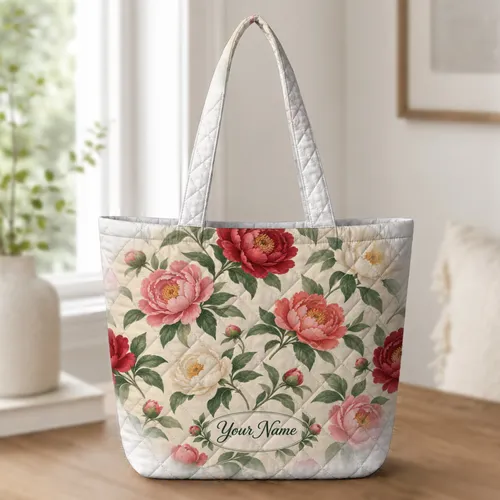 Vintage Peony Flowers for Cottage Garden Markets and Everyday Carryall Style Quilted Tote Bag