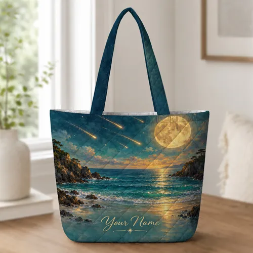 Celestial Moon Meteor Shower Over Ocean Cove for Stargazing and Coastal Getaways Quilted Tote Bag