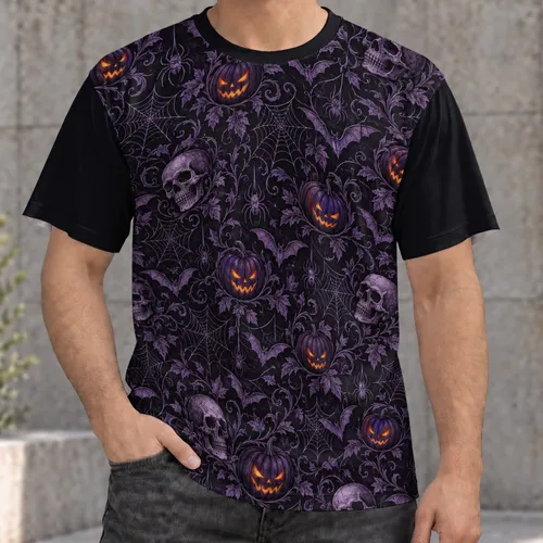 Purple Halloween Skull And Pumpkin Motifs For Spooky October Nights And Gothic Style All-over Print Unisex T-shirt