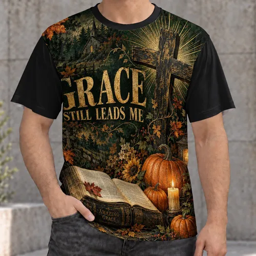 Autumn Grace Cross, Open Bible and Pumpkin for Fall Faith and Cozy Home Devotion All-over Print Unisex T-shirt
