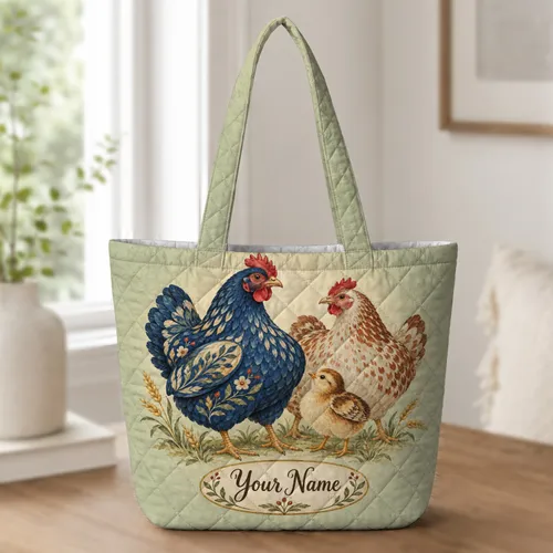 Vintage Hens and Chick Scene for Farmhouse Cooking Gifts and Country Animal Lovers Quilted Tote Bag