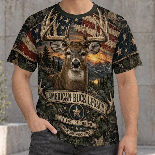 American Buck Wilderness Scene for Rustic Outdoor Leisure and Hunting Camp Style All-over Print Unisex T-shirt