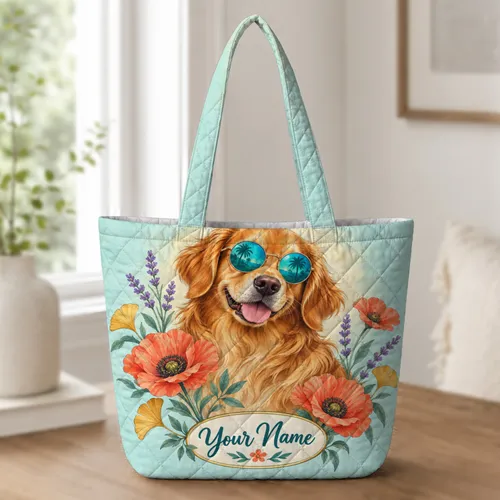 Golden Retriever with Poppies for Summer Garden Days and Gifts for Dog Lovers Quilted Tote Bag