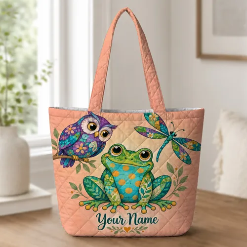 Colorful Frog, Owl & Dragonfly Garden Companions for Nature Lovers and Birthday Gifting Quilted Tote Bag