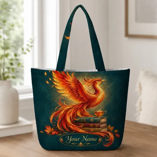 Rising Phoenix, Books And Teacup For Fantasy Reading And Book Club Gifts Quilted Tote Bag