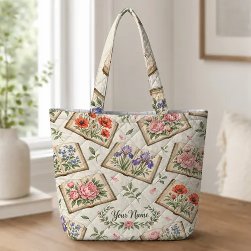 Watercolor Flower Books for Garden Reading Days and Thoughtful Gifts for Bookish Teachers Quilted Tote Bag