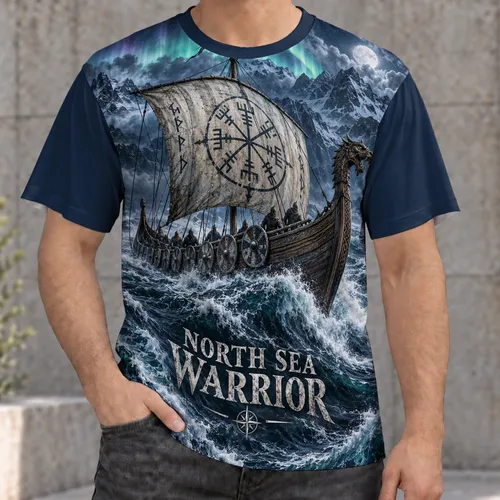 Viking Longship in Stormy Arctic Seas for Norse Mythology Fans All-over Print Unisex T-shirt