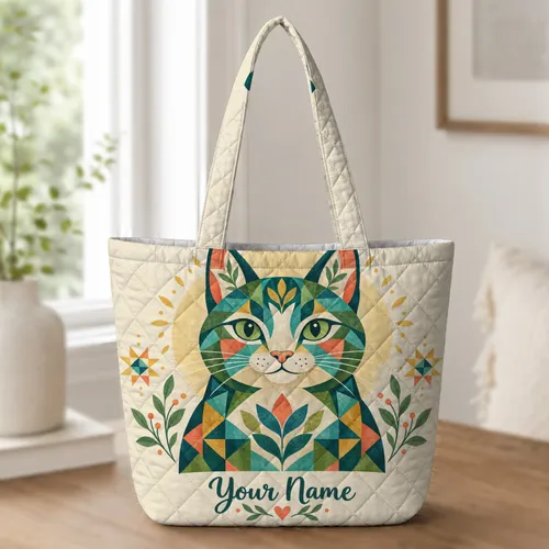 Colorful Folk Art Cat and Patchwork Quilt Motifs for Everyday Cat Lovers Quilted Tote Bag