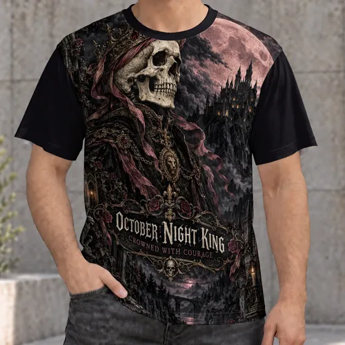Gothic Skull King Moonlit Castle Scene for Halloween Nights and Dark Fantasy Fans All-over Print Unisex T-shirt