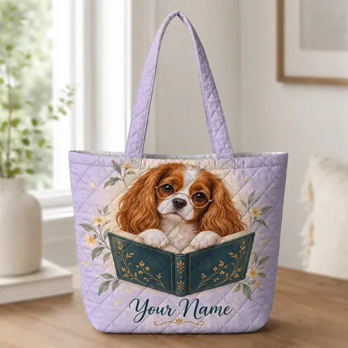Cavalier Spaniel Reading a Book for Cozy Library Days and Thoughtful Pet Lovers Gift Quilted Tote Bag